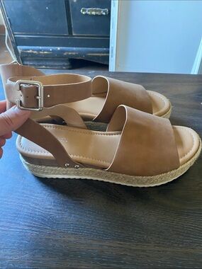 Soda Tan Espadrille Platform Sandals with Ankle Buckle